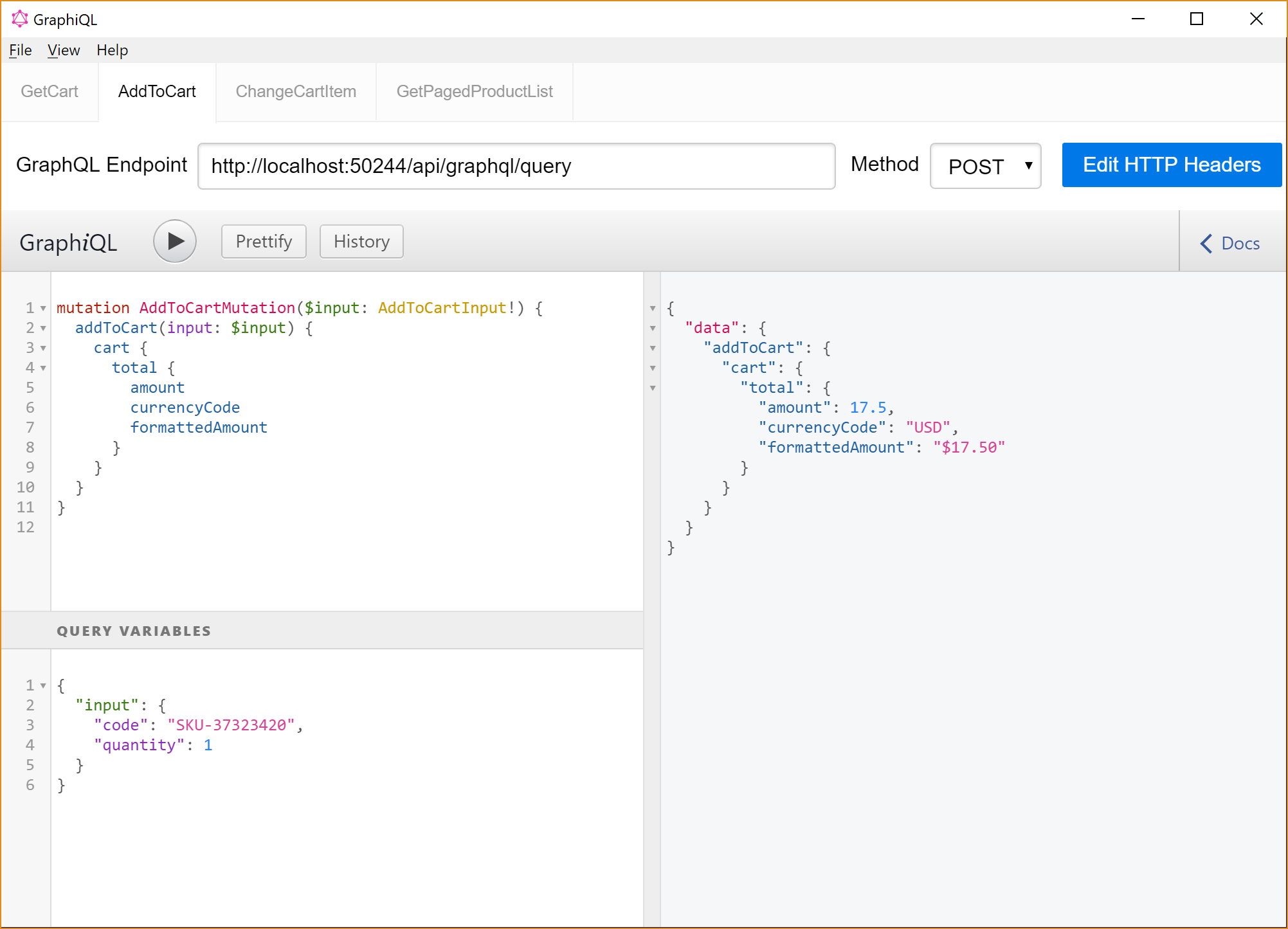 Screenshot of a mutation request to add a product to a shopping cart.