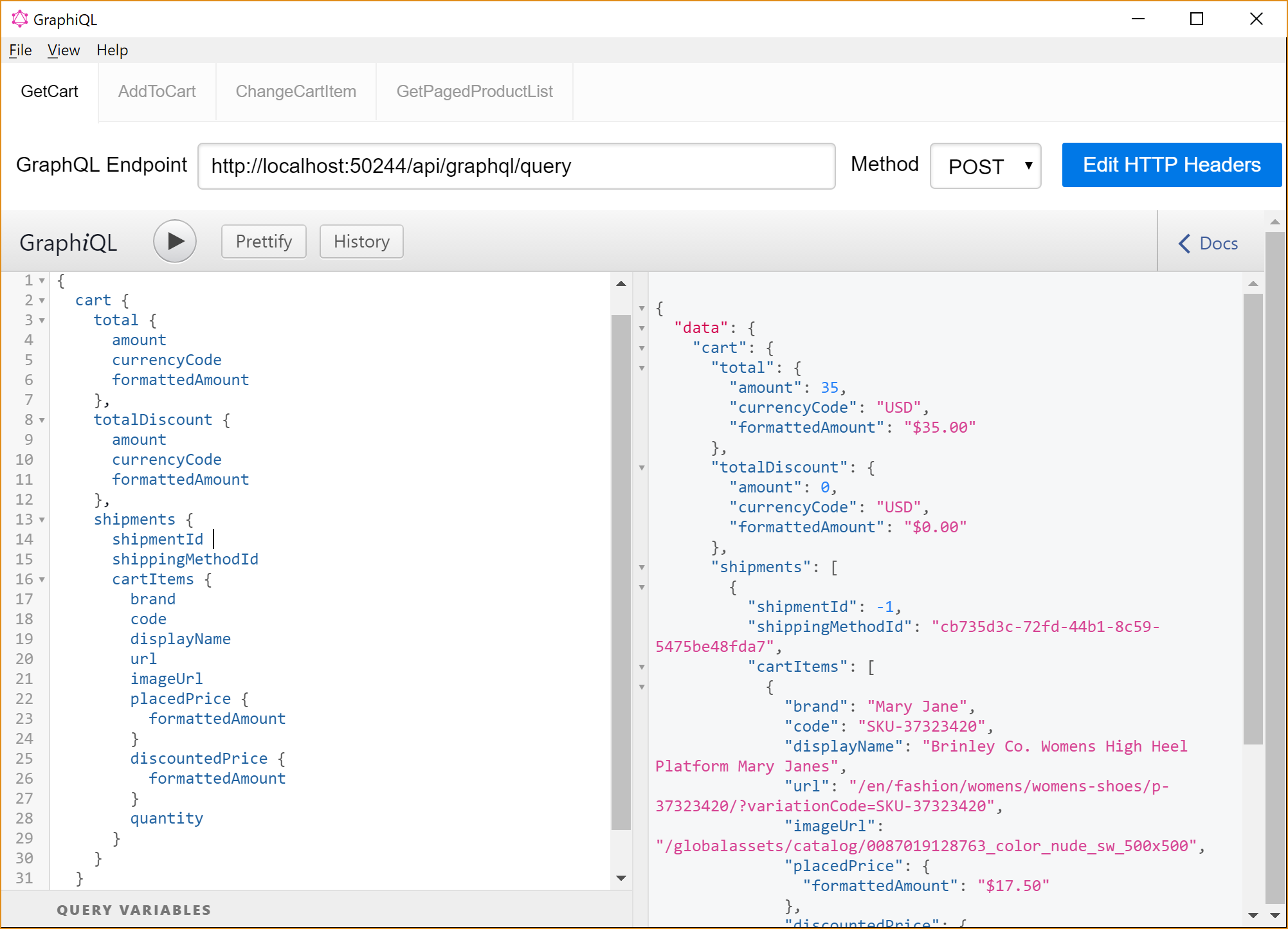 Screenshot of a query for a detailed shopping cart object.